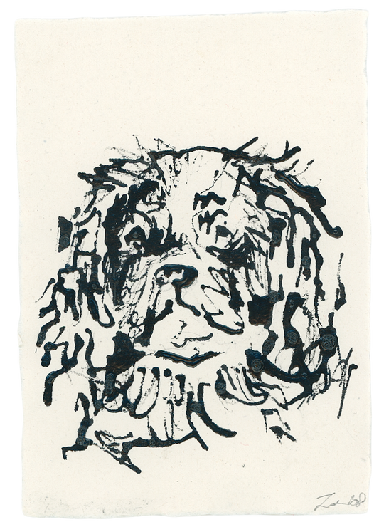 Acrylic Ink Dog no. 46 by Leah Boyd is a black ink sketch on textured white paper, capturing a shaggy dog's gentle expression and long fur with loose, expressive lines—a charming custom canine portrait.
