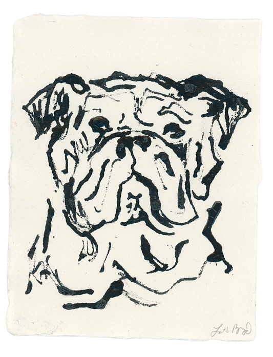 Acrylic Ink Dog no. 48 by Leah Boyd features a black ink drawing of a bulldog’s wrinkled face and floppy ears, crafted with loose, expressive lines. The artist’s signature is included; certificate of authenticity available.