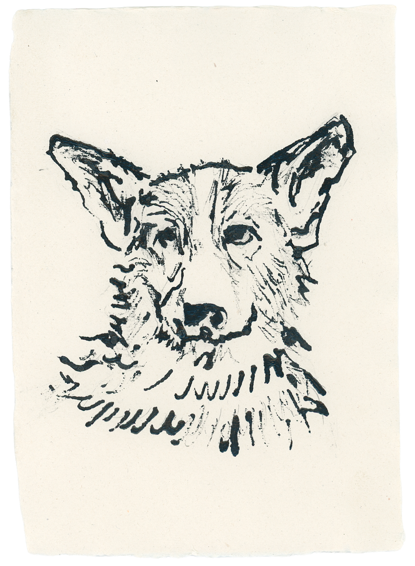 Acrylic Ink Dog no. 49 by Leah Boyd—an expressive black ink sketch of a dog's head on white watercolor paper, featuring bold, loose lines. Includes a certificate of authenticity.
