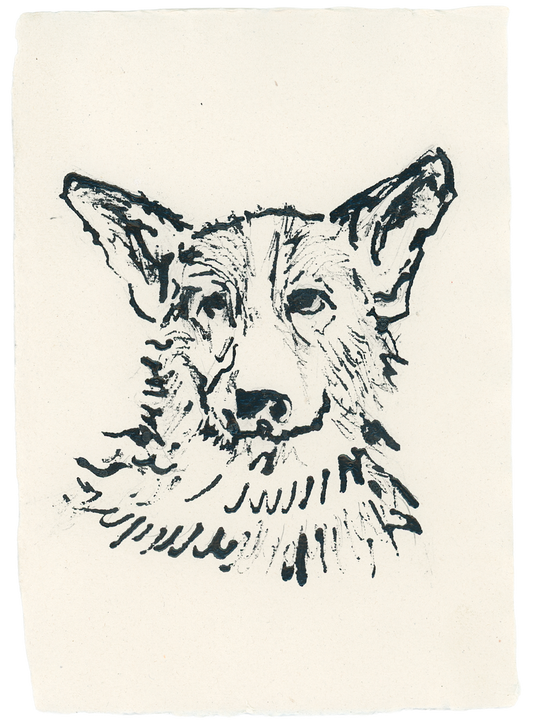 Acrylic Ink Dog no. 49 by Leah Boyd—an expressive black ink sketch of a dog's head on white watercolor paper, featuring bold, loose lines. Includes a certificate of authenticity.