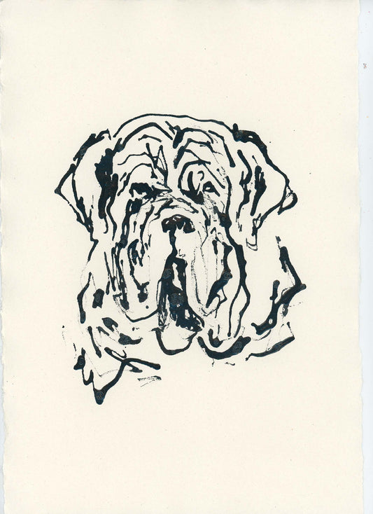 Acrylic Ink Dog no. 53 by Leah Boyd features a loose, expressive black ink line drawing of a wrinkled dog’s face—possibly a mastiff or bulldog—on off-white paper with rough edges. Bold, sketchy lines capture the unique personality found in custom pet art. This striking acrylic ink dog portrait comes with a certificate of authenticity.