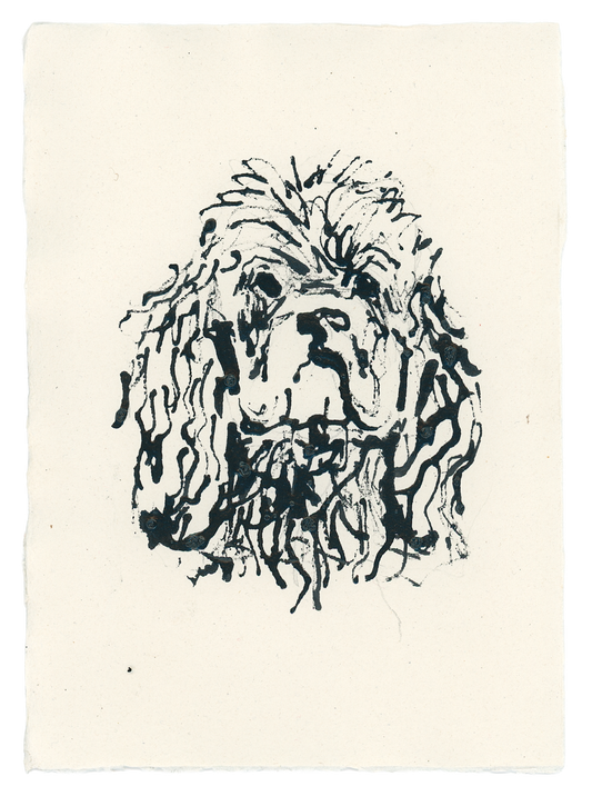Acrylic Ink Dog no. 58 by Leah Boyd features a black ink sketch of a shaggy, long-haired dog with floppy ears and a calm expression, rendered in a loose, wavy style on textured watercolor paper. Created with meticulous care and attention to detail, this artwork comes with a certificate of authenticity.