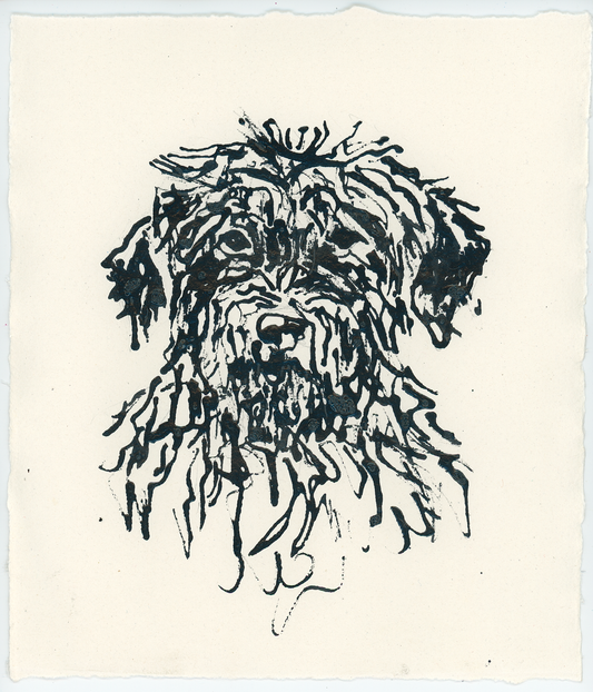 Acrylic Ink Dog no. 55 by Leah Boyd features a black ink drawing of a shaggy dog’s face on off-white paper. Loose, expressive lines convey the texture of the dog’s fur, giving this piece the character of a distinctive acrylic ink dog portrait. The artwork is presented on rough-edged, uneven paper for added uniqueness.