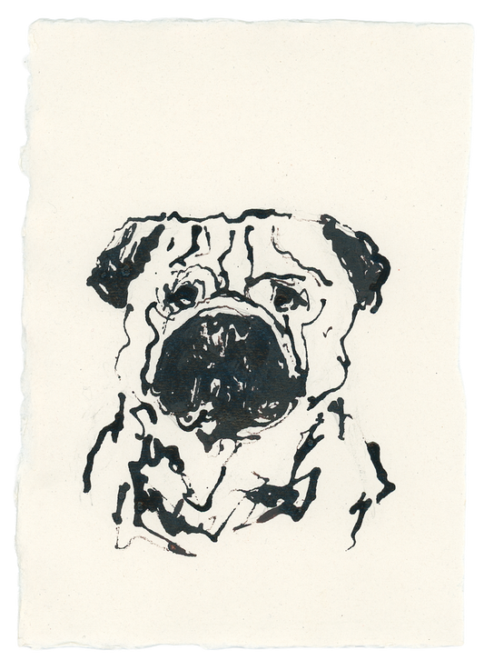 Acrylic Ink Dog no. 32 by Leah Boyd is a bold black ink sketch of a pug on off-white watercolor paper with rough edges, featuring loose lines that highlight the dog's wrinkled face—a unique custom portrait.