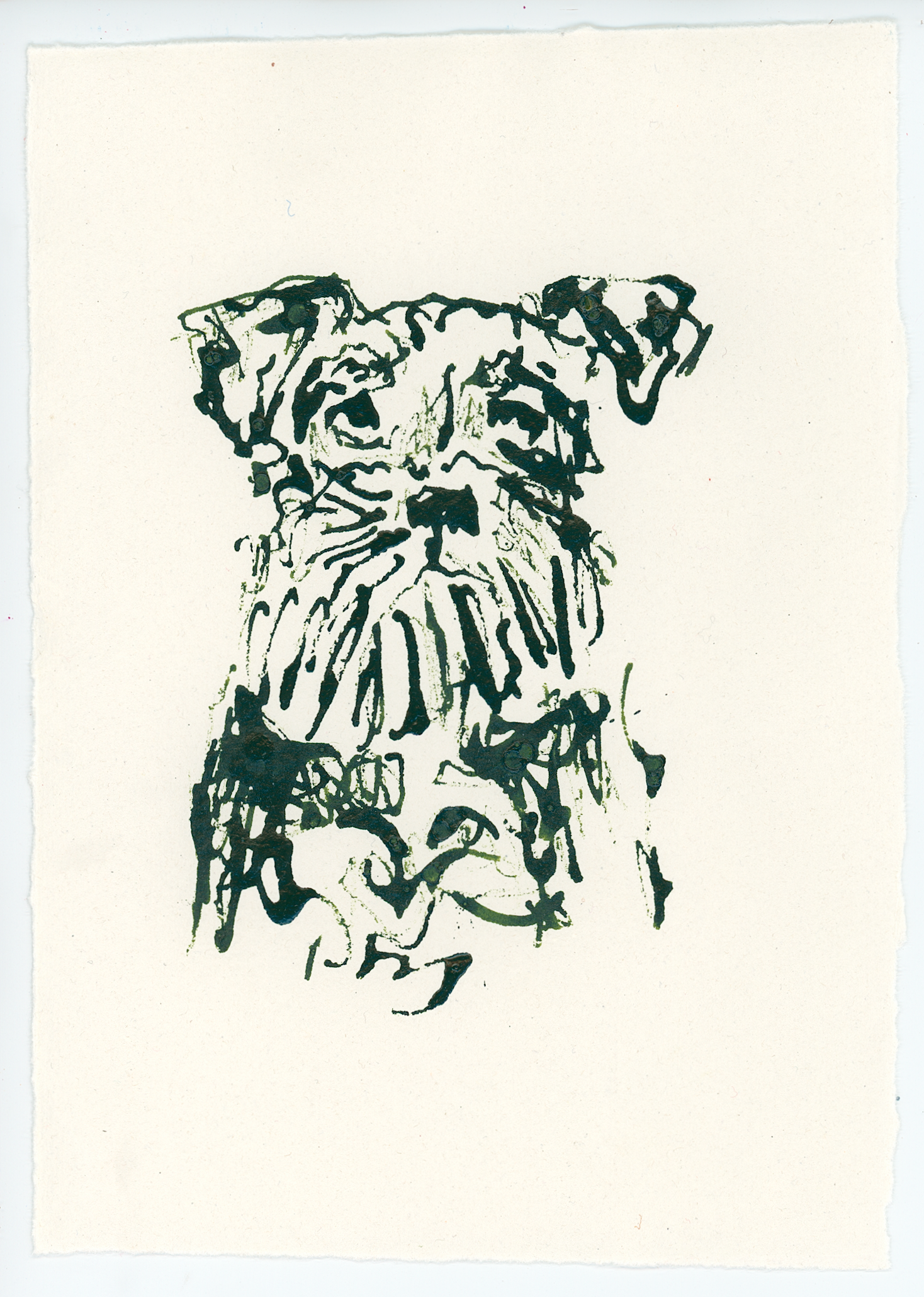 Acrylic Ink Dog no. 30 by Leah Boyd features a loose, abstract dog portrait with expressive lines, highlighting a shaggy face and beard on off-white watercolor paper for a unique custom pet painting.