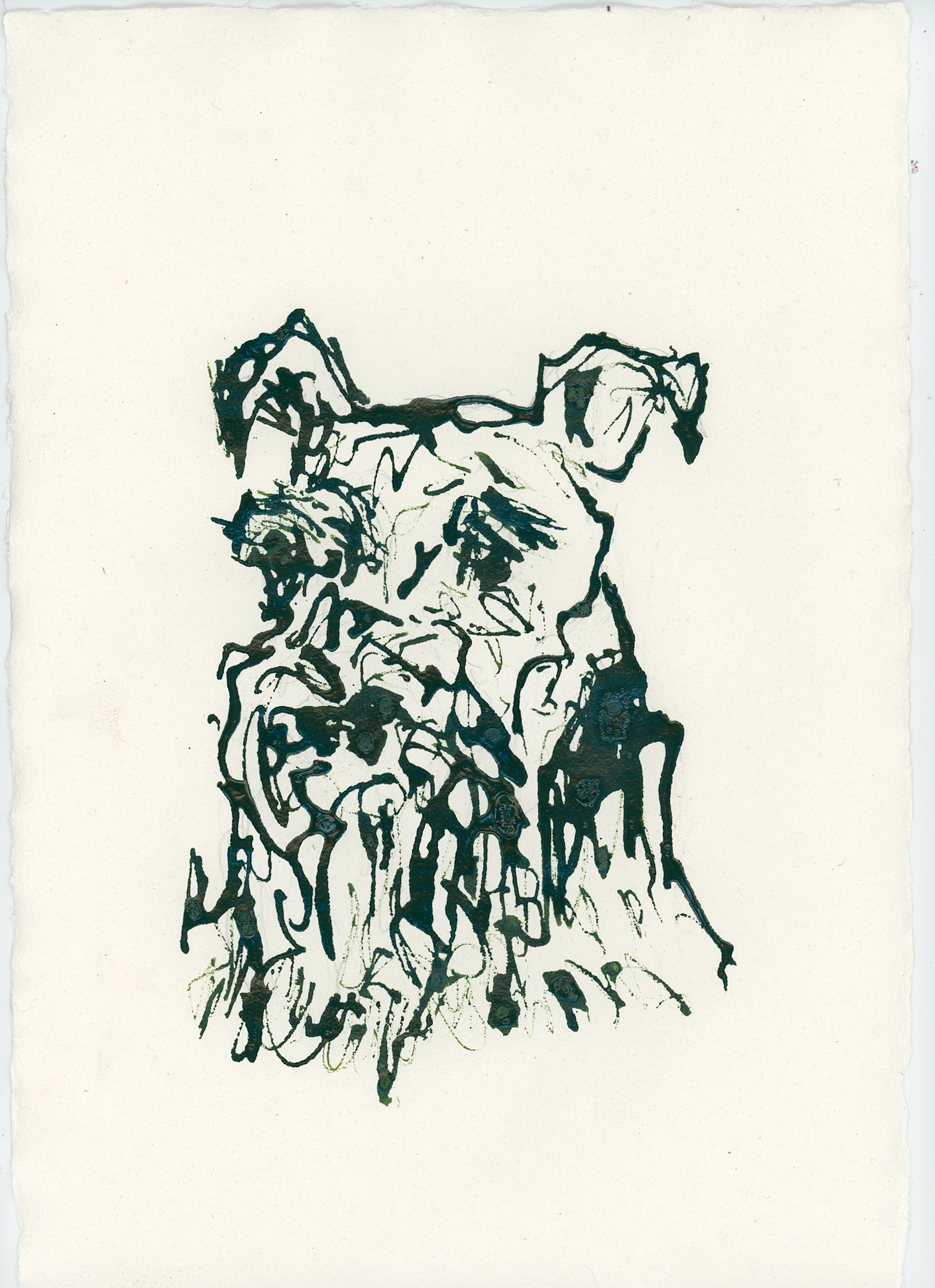 Acrylic Ink Dog no. 25 by Leah Boyd features a terrier-like dog’s face in expressive black ink on off-white paper, with pointed ears and a scruffy beard. Artwork comes with a certificate of authenticity.