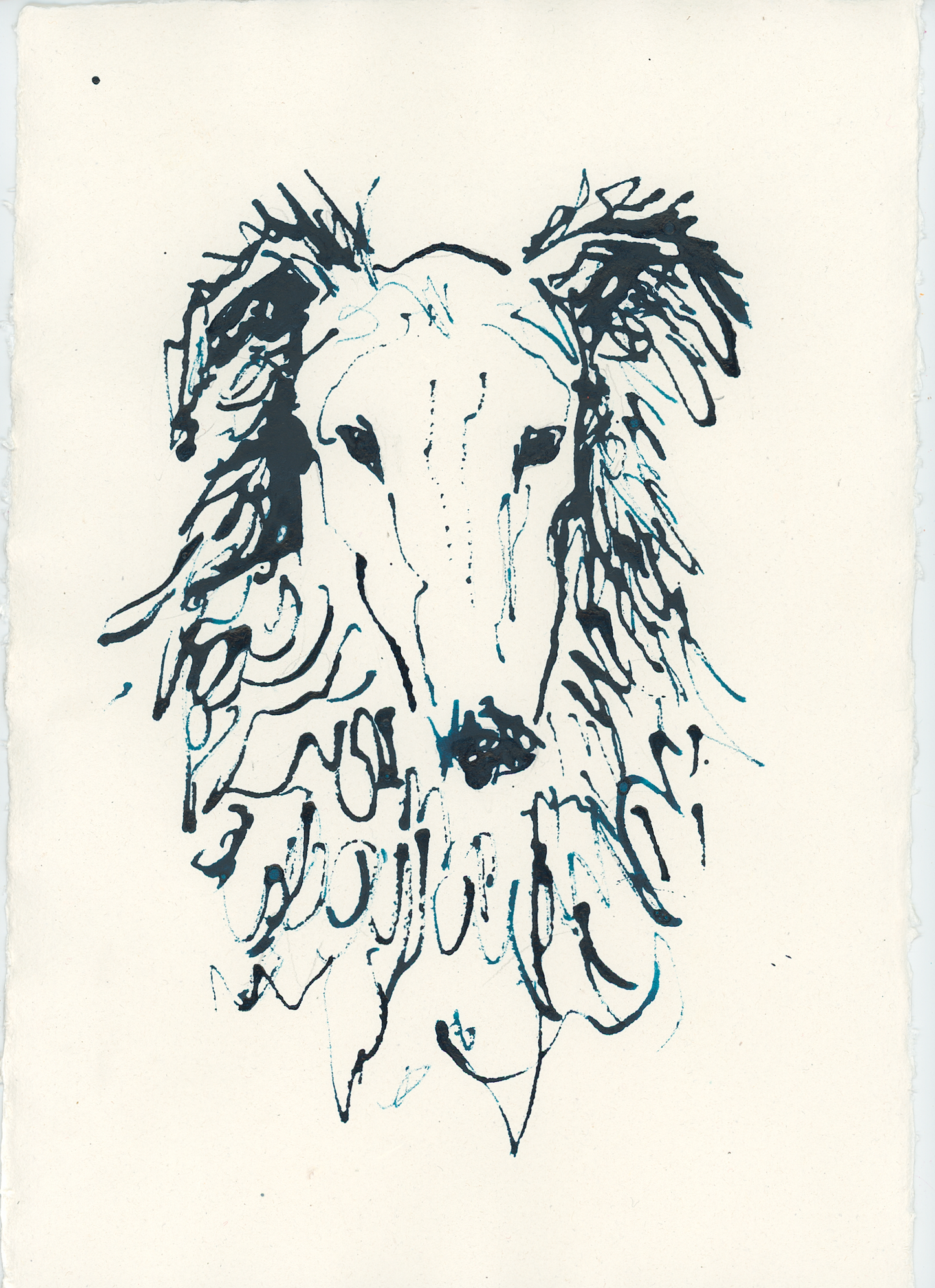 Acrylic Ink Dog no. 23 by Leah Boyd: a minimalist ink drawing of a long-haired dog with detailed fur and face on plain watercolor paper, created in acrylic ink. Includes certificate of authenticity.