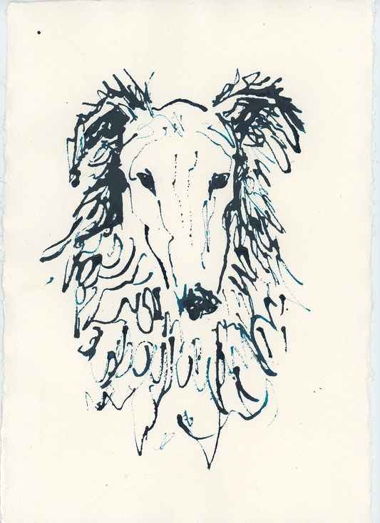 Acrylic Ink Dog no. 23 by Leah Boyd: a minimalist ink drawing of a long-haired dog with detailed fur and face on plain watercolor paper, created in acrylic ink. Includes certificate of authenticity.