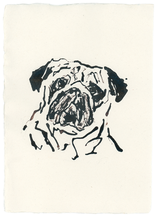 Acrylic Ink Dog no. 22 by Leah Boyd features a simple black ink line drawing of a pug’s face on textured white paper, capturing its wrinkled forehead, round eyes, and floppy ears with minimal detail.