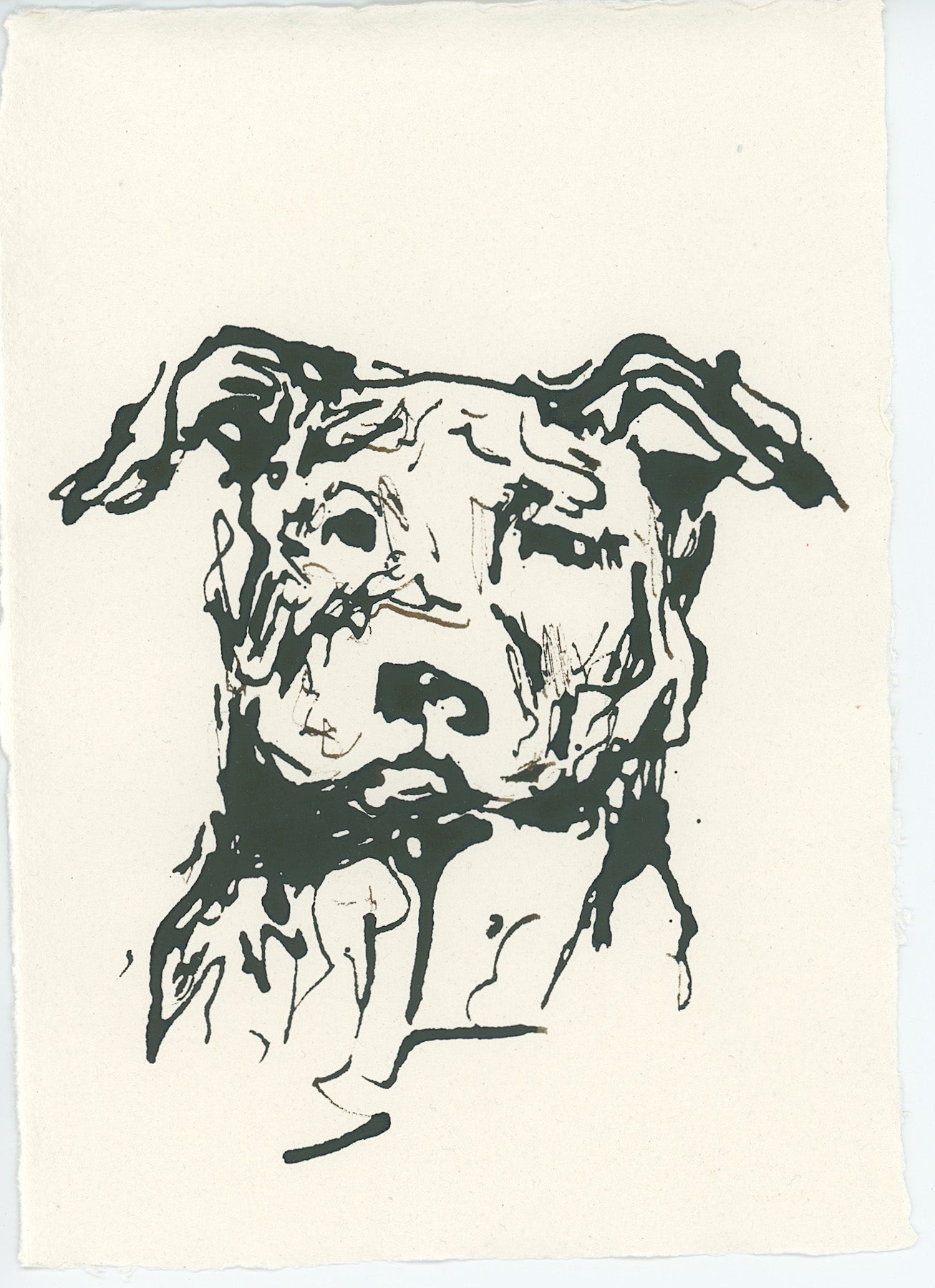 Acrylic Ink Dog no. 39 by Leah Boyd features a black ink drawing of a pit bull on off-white watercolor paper with expressive, sketch-like lines, rough edges for character, and includes a certificate of authenticity.