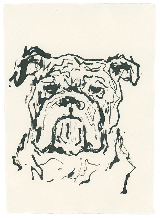 Acrylic Ink Dog no. 40 by Leah Boyd features a black line drawing of a bulldog’s face on off-white, capturing its wrinkled features and droopy ears—an expressive, minimal portrait ideal as custom dog art for any space.