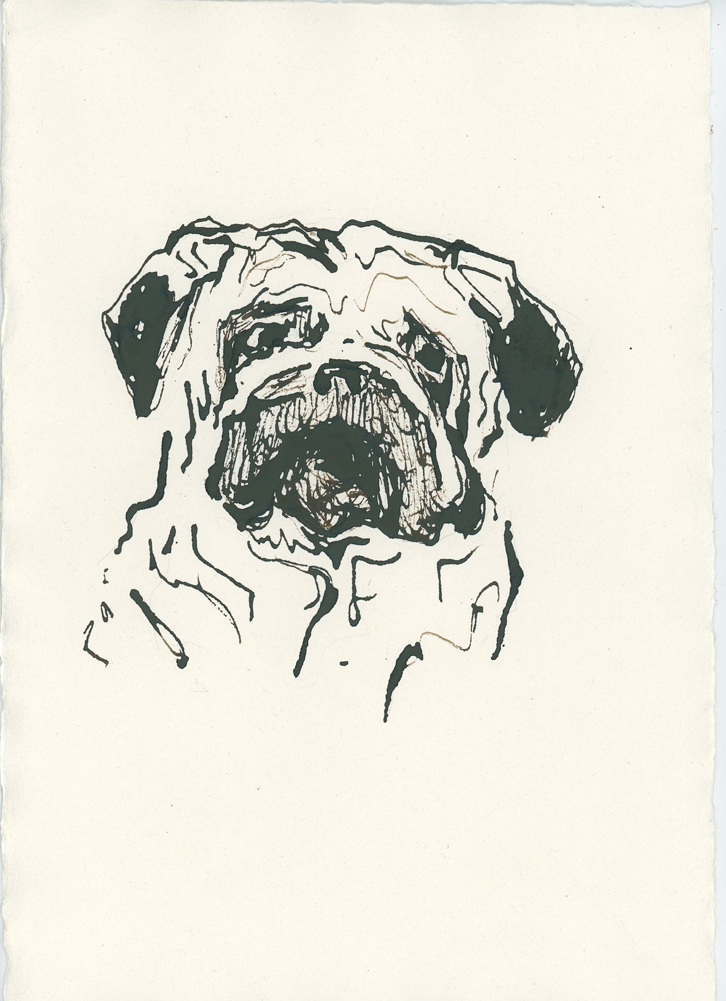Acrylic Ink Dog no. 41 by Leah Boyd features a simple, abstract black ink pug face on off-white paper with loose, expressive lines—perfect for fans of minimal dog art.