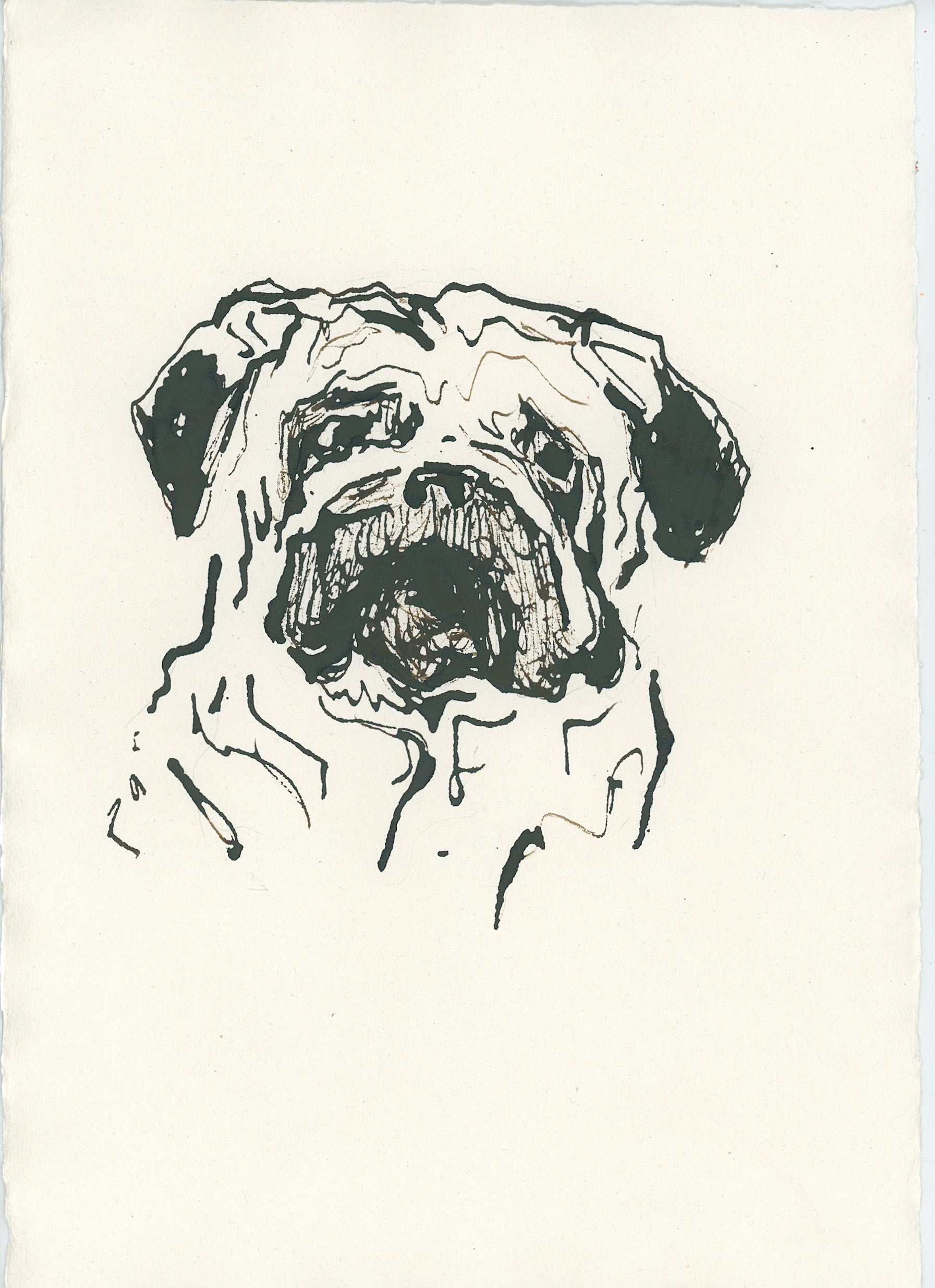 Acrylic Ink Dog no. 41 by Leah Boyd features a simple, abstract black ink pug face on off-white paper with loose, expressive lines—perfect for fans of minimal dog art.