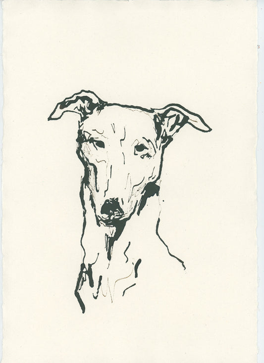 Acrylic Ink Dog no. 42 by Leah Boyd features a minimalist black ink sketch of a greyhound with upright ears and a long neck on off-white textured paper. This custom pet art includes expressive lines and comes with a certificate of authenticity.