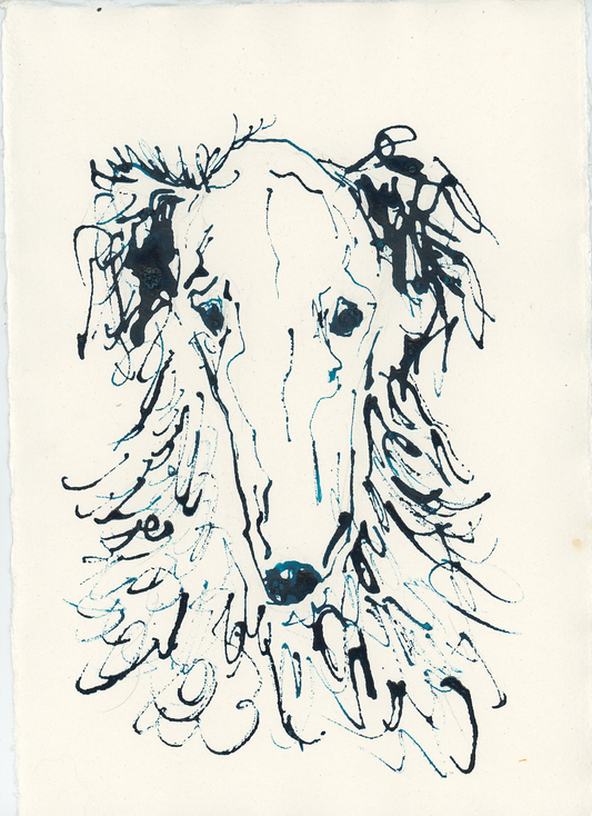 Acrylic Ink Dog no. 29 by Leah Boyd features a loose ink drawing of a long-faced, floppy-eared dog with shaggy fur, rendered in expressive black and blue acrylic ink on watercolor paper for unique custom dog art.