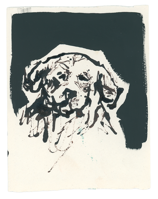 Acrylic Ink Dog no. 8 by Leah Boyd features a floppy-eared dog sketched in bold black brush strokes on off-white watercolor paper with a dark background—perfect custom dog art with striking contrast.