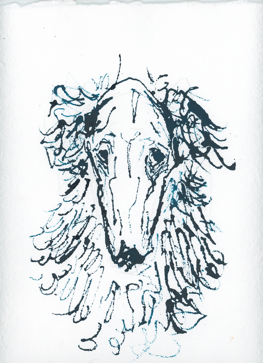 Acrylic Ink Dog no. 28 by Leah Boyd is a pen and ink sketch of a Borzoi's face with flowing, curly fur on watercolor paper. Includes certificate of authenticity.