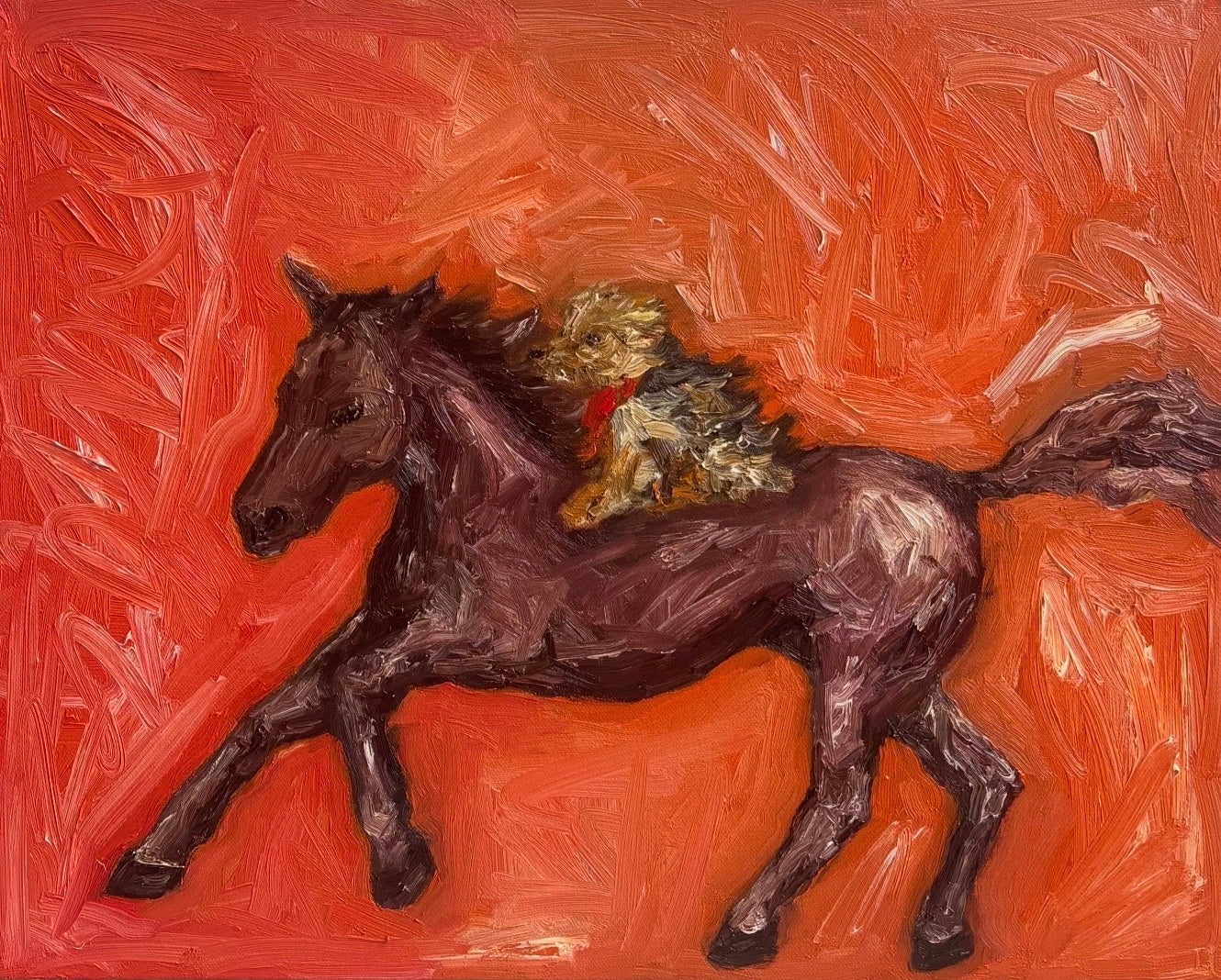 The Leah Boyd "Year of the Horse" painting features a small dog with a red collar riding a galloping dark brown horse, set against a vibrant red-orange background—an energetic artwork ideal for Year of the Horse celebrations.