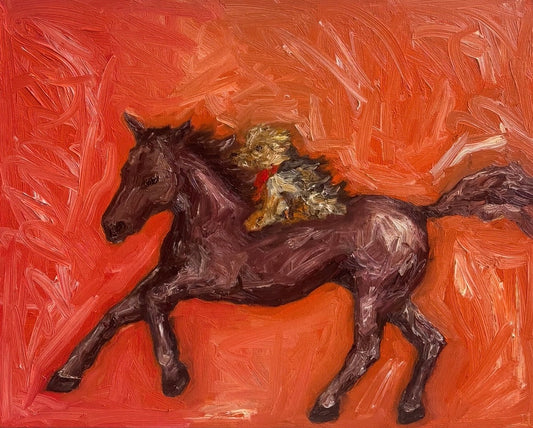 The Leah Boyd "Year of the Horse" painting features a small dog with a red collar riding a galloping dark brown horse, set against a vibrant red-orange background—an energetic artwork ideal for Year of the Horse celebrations.