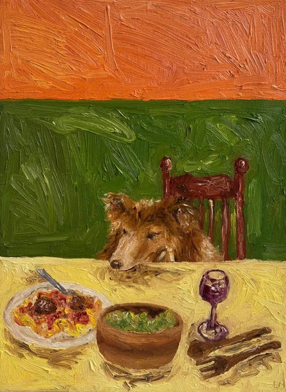 Sheltie & Spaghetti by Leah Boyd is a vibrant original oil painting of a Sheltie at a table with spaghetti, salad, and wine. Bold orange and green textures make this charming canvas artwork a delightful display piece.