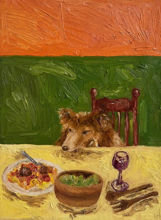 Sheltie & Spaghetti by Leah Boyd is a vibrant original oil painting of a Sheltie at a table with spaghetti, salad, and wine. Bold orange and green textures make this charming canvas artwork a delightful display piece.