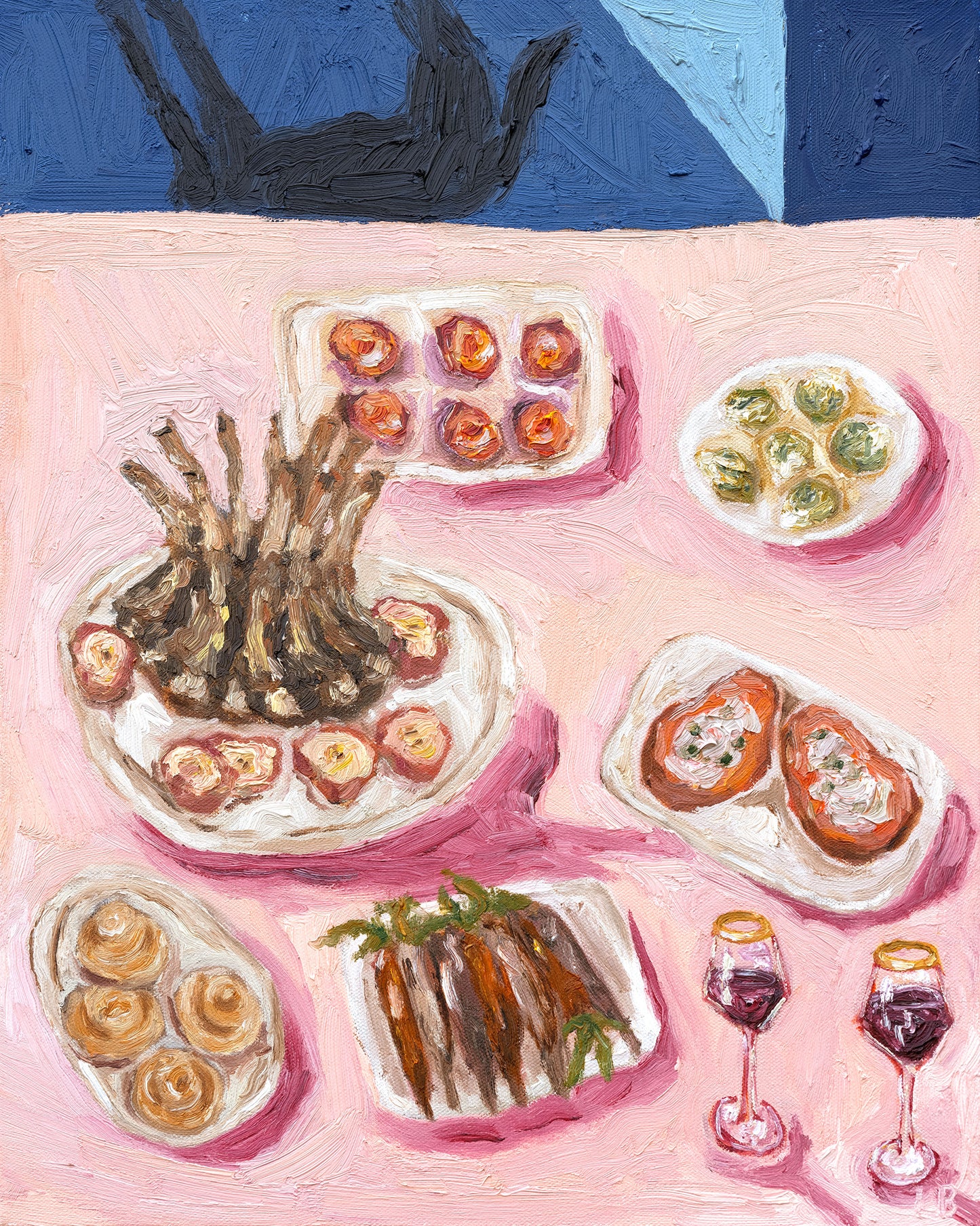 Leah Boyd’s "Dinner for One no. 11: Unattended Christmas Feast" is an original oil painting featuring a pink tablecloth with lamb chops, deviled eggs, stuffed vegetables, toast, roasted carrots, dessert rolls, red wine glasses, and a blue background shadow.
