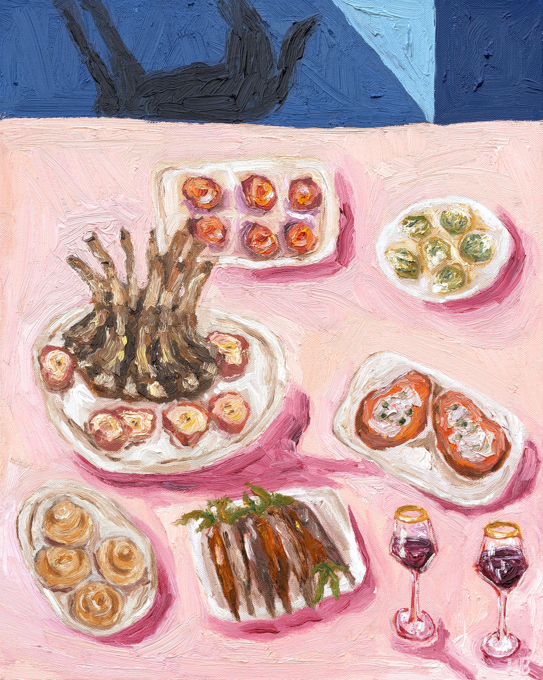 Leah Boyd’s "Dinner for One no. 11: Unattended Christmas Feast" is an original oil painting featuring a pink tablecloth with lamb chops, deviled eggs, stuffed vegetables, toast, roasted carrots, dessert rolls, red wine glasses, and a blue background shadow.
