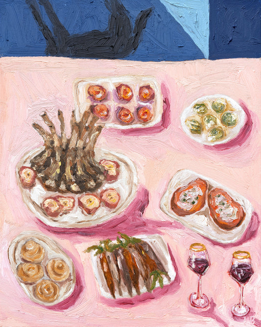Leah Boyd’s "Dinner for One no. 11: Unattended Christmas Feast" is an original oil painting featuring a pink tablecloth with lamb chops, deviled eggs, stuffed vegetables, toast, roasted carrots, dessert rolls, red wine glasses, and a blue background shadow.