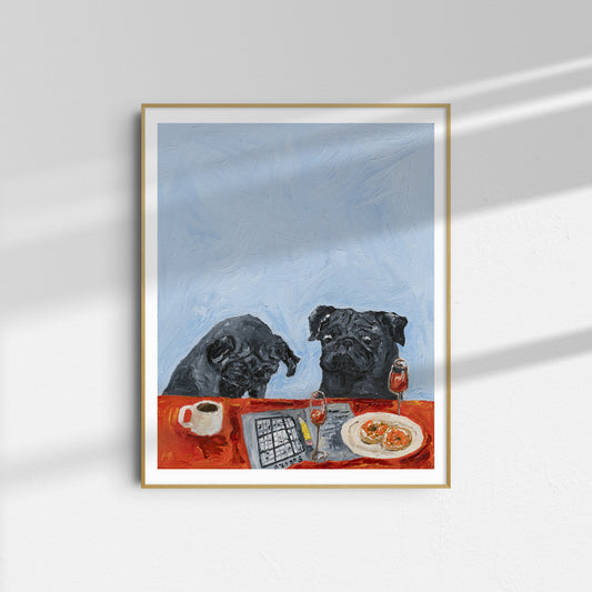 Introducing the Level Hard Sudoku B-Grade Print by Leah Boyd: a framed 11x14 artwork featuring two black dogs sitting at a table with a laptop, coffee, and food items—one gazing downward, the other looking ahead. Printed on premium cotton rag, this vibrant piece stands out against a light blue background.