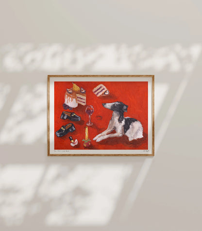 A Girl and Her Dog no. 1" by Leah Boyd is a framed limited edition art print showing a black and white dog on a red surface with desserts, wine, and shoes, beneath soft foliage shadows on a light-colored wall.