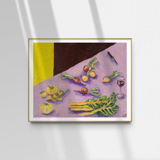 Harvest in Yellow" by Leah Boyd is a framed oil on canvas featuring tomatoes, onions, leafy greens, wine, and a knife on a purple table set against yellow and brown geometric shapes.
