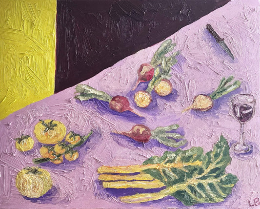 Harvest in Yellow" by Leah Boyd is a textured, impressionist-style original oil painting featuring yellow tomatoes, root vegetables with greens, leafy greens, red wine, and a knife on a purple and yellow geometric background.