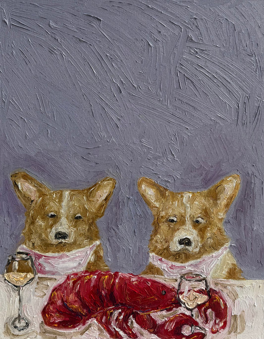 Lobster“ by Leah Boyd features two corgis adorned with pink scarves, seated at a table set with glasses of white wine and a cooked lobster. Rendered in an expressive, textured oil style against a purple-gray background, this original signed canvas artwork infuses any space with charm and whimsy.