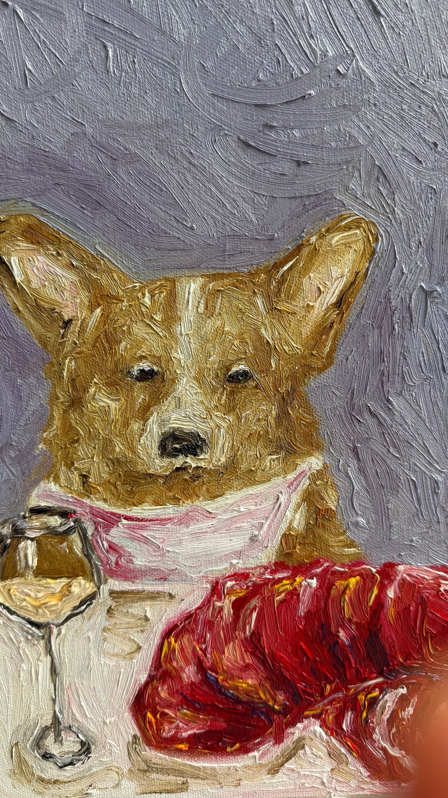 Celebrate Lobster Season in playful style with Leah Boyd’s original oil painting, featuring a corgi in a pink bib seated at a table with a glass of white wine and a vivid red lobster, set against a textured purple background—an ideal piece of canvas art for any occasion.