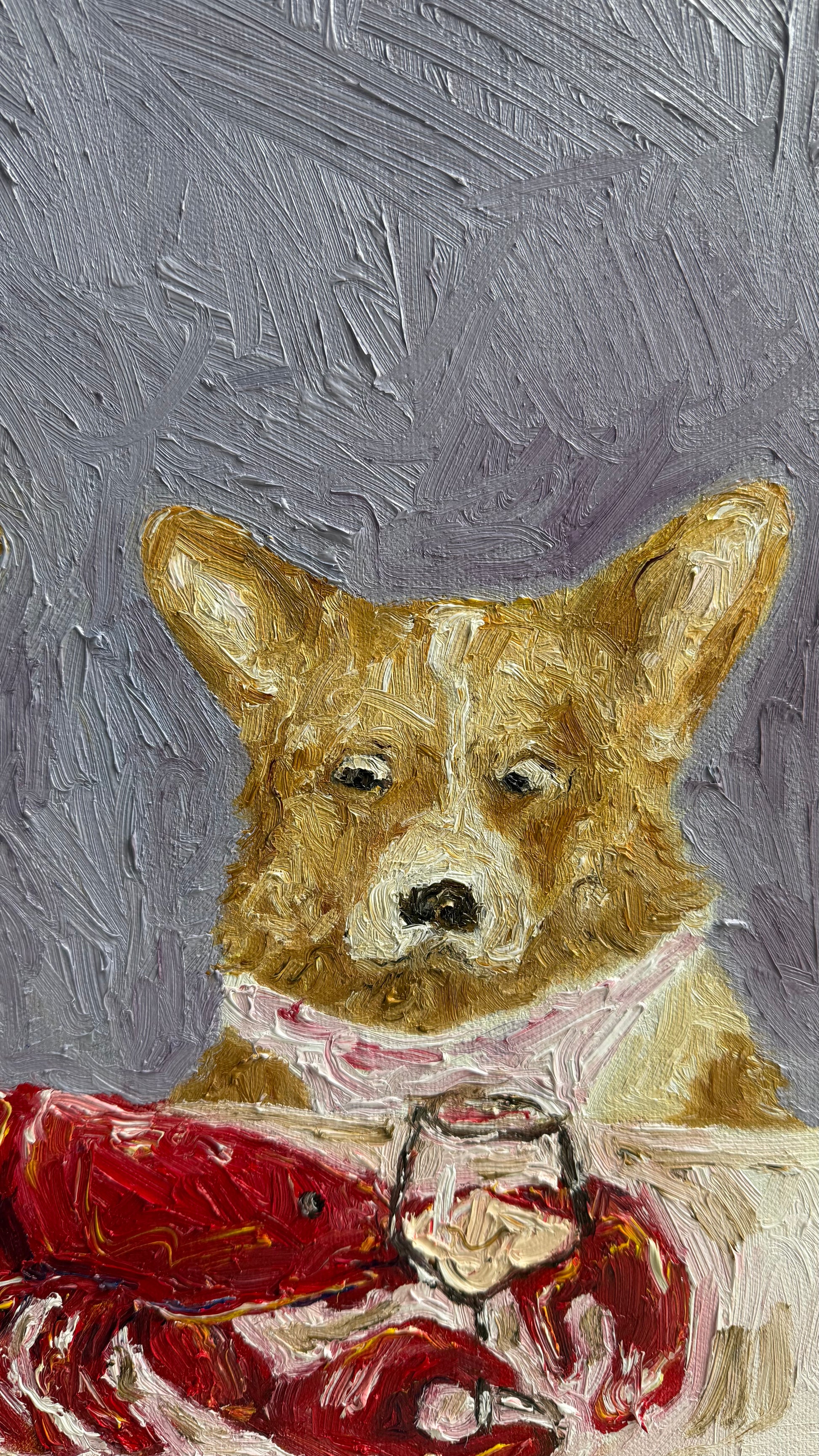 Experience “Lobster Season” by Leah Boyd—a charming original oil painting featuring a corgi in a pink scarf, seated at a table with a red lobster and a glass of white wine. Set against a textured gray background, this whimsical canvas art is perfect for dog enthusiasts and seafood lovers alike.