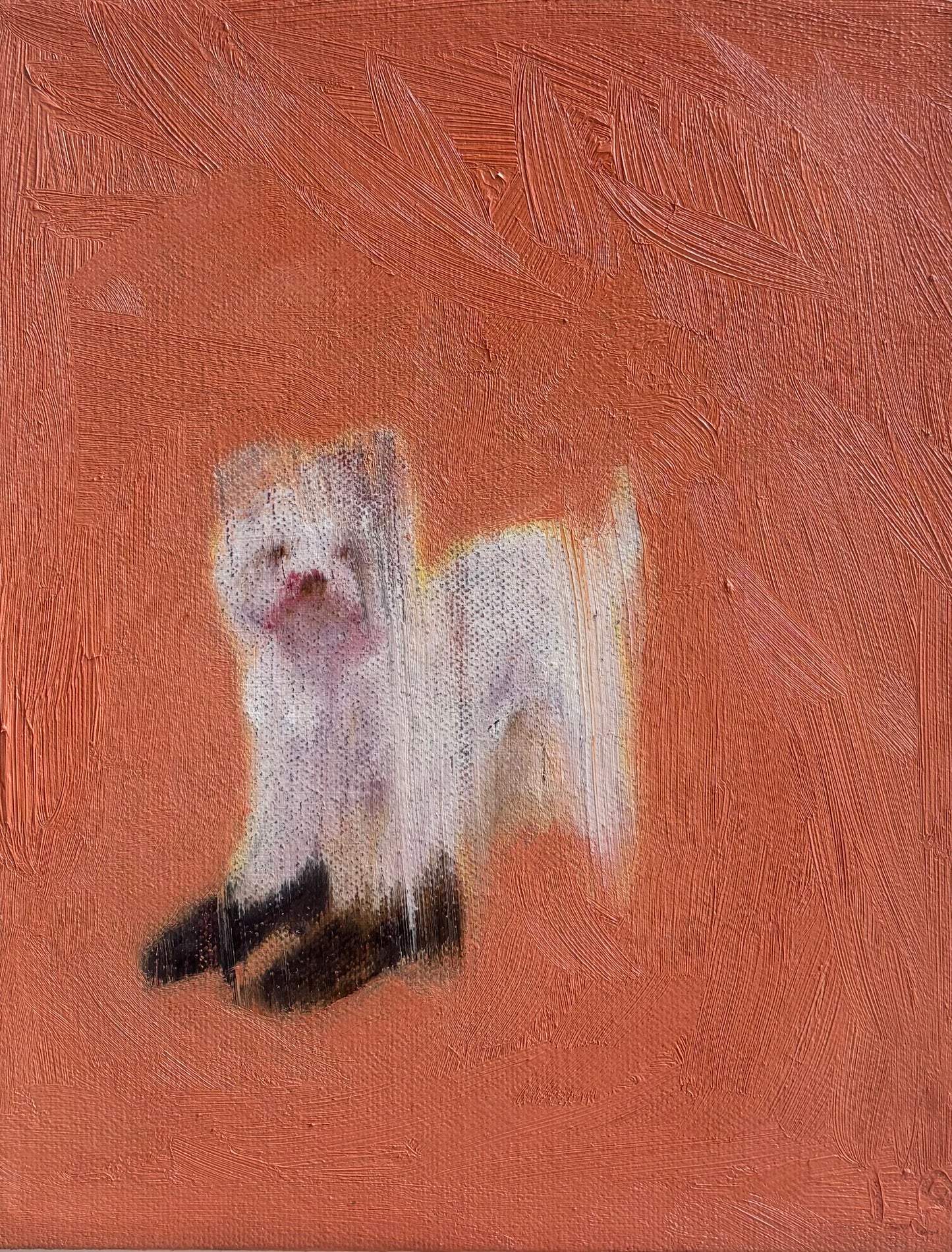 Leah Boyd’s "Dog in Loafers" is a textured original oil painting featuring a small white dog with blurred, abstract features and dark shadows on an orange background, giving this canvas art a dreamy, impressionistic vibe.