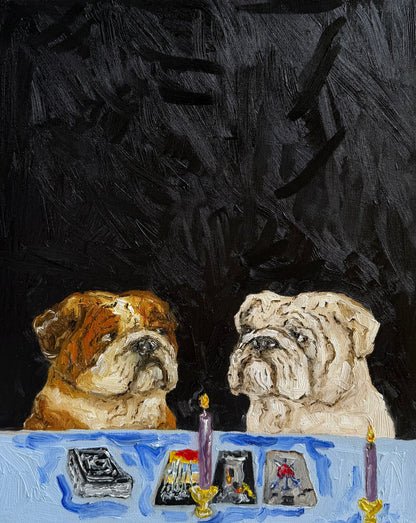 In “A Ruff Reading” by Leah Boyd, two bulldogs sit at a table with tarot cards and two lit candles, set against a dark textured background. This original oil painting features a loose, expressive style and arrives ready to hang, complete with a certificate of authenticity.