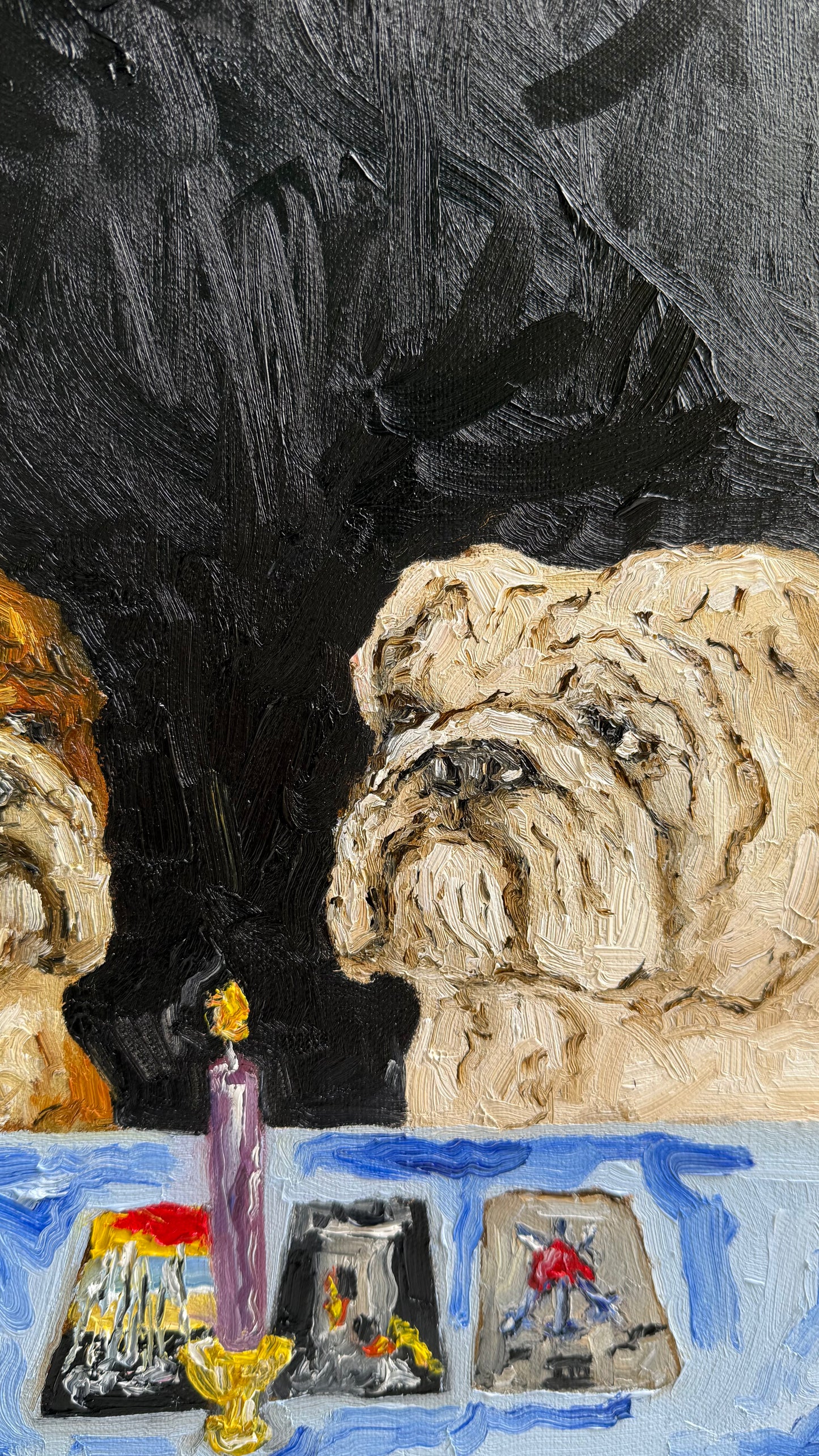 A Ruff Reading“ by Leah Boyd is a textured original oil painting featuring two bulldogs at a table with a lit candle and three tarot cards laid on a blue cloth, set against a dark, brush-stroke background. This unique artwork is ready to hang and includes a certificate of authenticity.