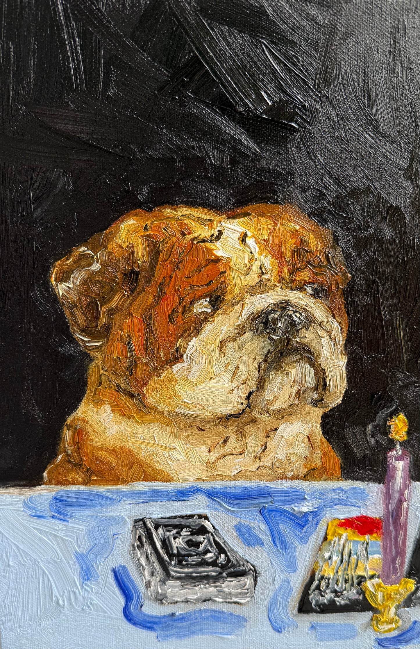 A Ruff Reading by Leah Boyd features a charming painted bulldog seated at a table with tarot cards, a glowing candle, and matches set against a dramatic dark background. This original oil painting arrives ready to hang and comes with a certificate of authenticity for your peace of mind.