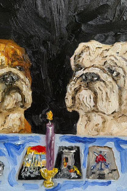 Introducing “A Ruff Reading” by Leah Boyd—a ready-to-hang original oil painting featuring two bulldogs seated at a table adorned with a blue tablecloth, a lit candle, and tarot cards, all set against a dark background. This unique artwork includes a certificate of authenticity.