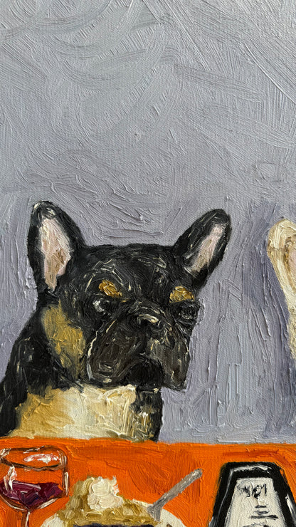 Going Dutch“ by Leah Boyd is a charming 16 x 20 original oil painting featuring a painted black French bulldog seated at a table set with food, a glass of wine, and a receipt against a textured gray background. This signed canvas art adds whimsical elegance to any space.
