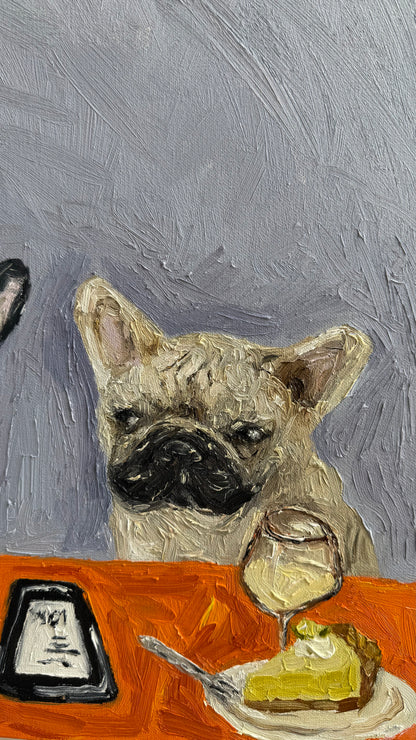 Going Dutch“ by Leah Boyd is a textured, original oil painting featuring a pug sitting at a table with a slice of pie, a glass of wine, and a smartphone atop an orange surface set against a gray background. This signed canvas art measures 16 x 20 inches and makes a charming addition to any collection.
