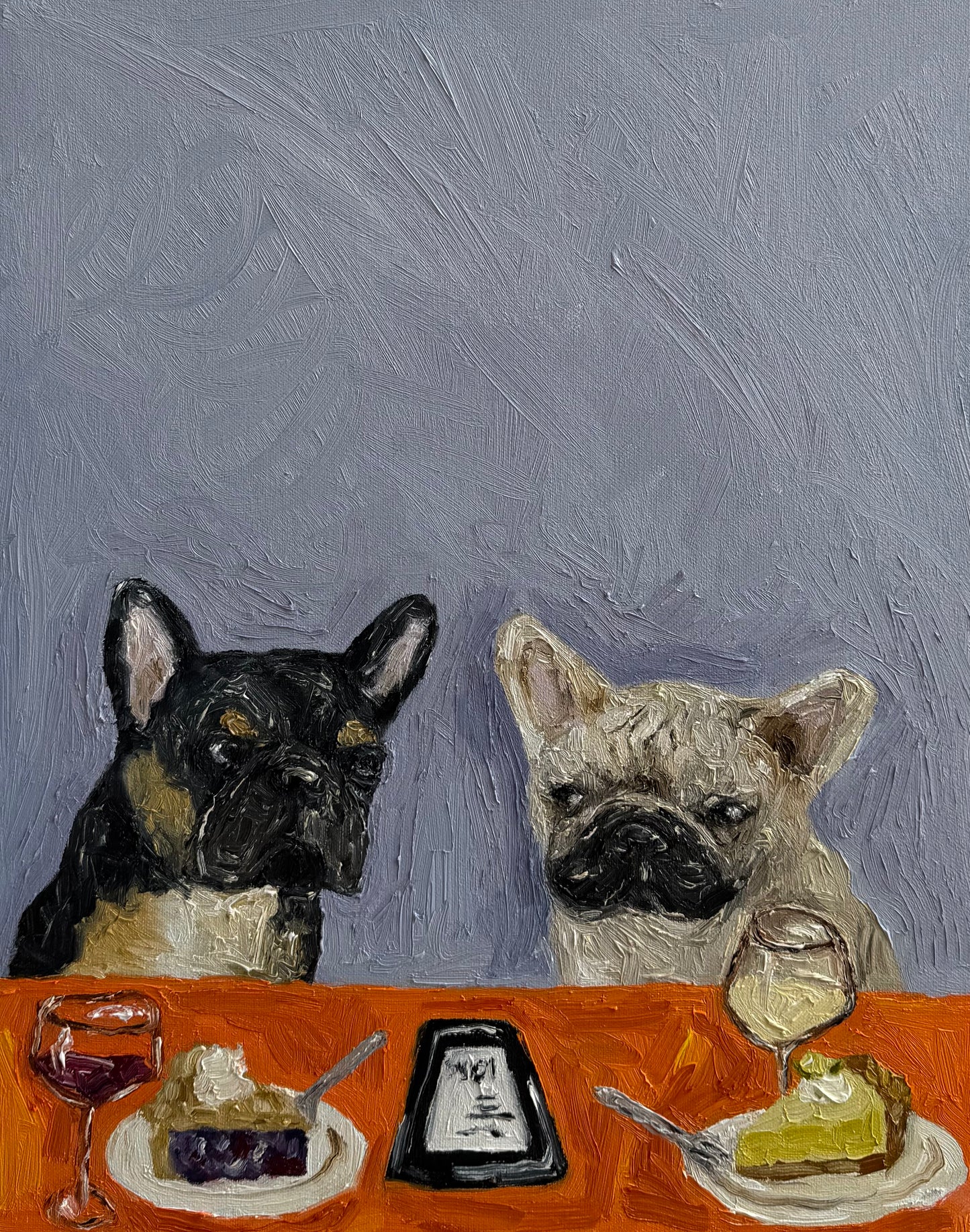 Going Dutch“ by Leah Boyd is a 16 x 20 original oil painting in a textured, impressionistic style. Featuring two French bulldogs seated at a table with wine glasses, pie, and a phone between them against a gray background, this signed canvas art exudes whimsical charm—perfect for collectors seeking unique pieces.