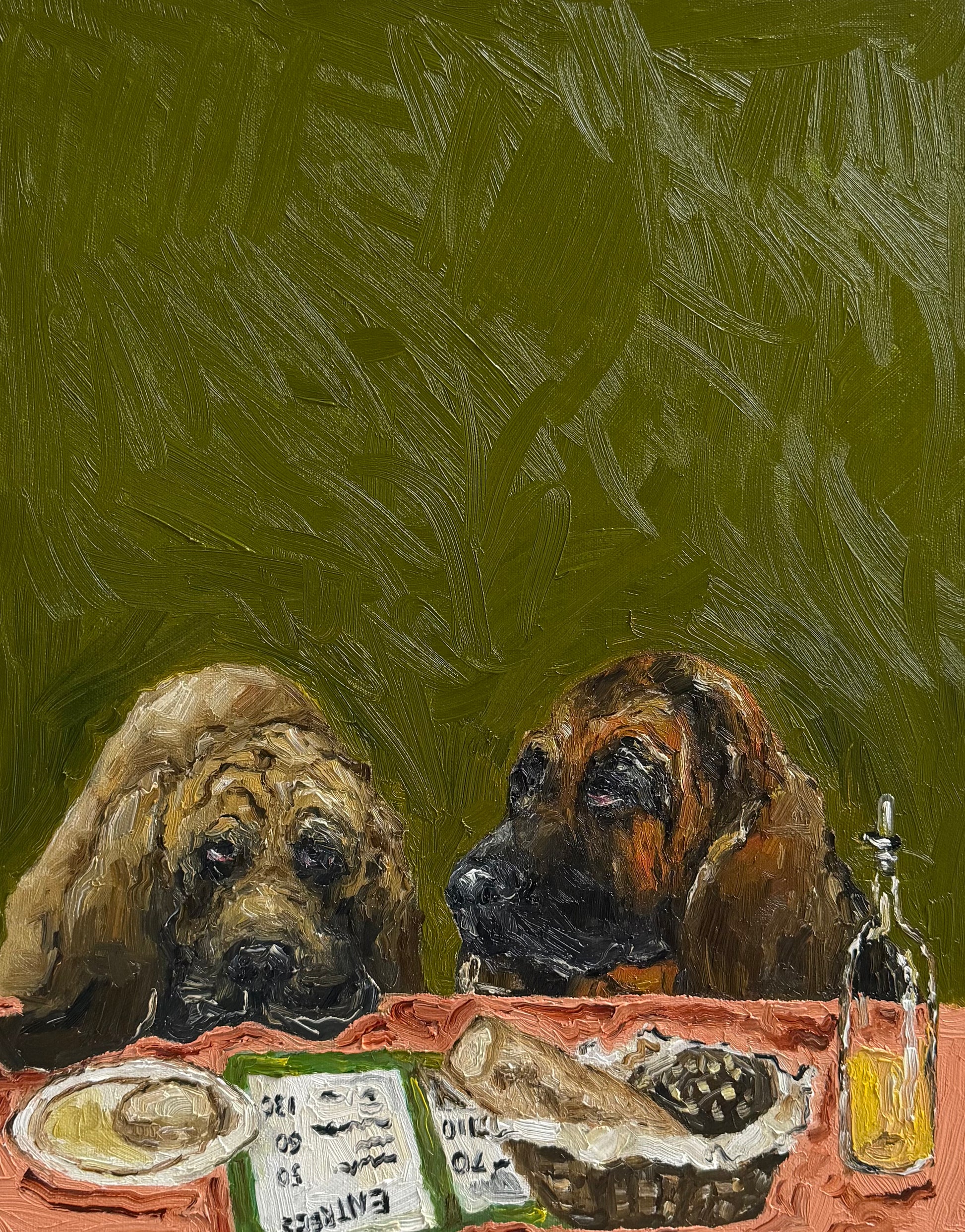 Two dogs sit behind a table adorned with a green menu, a plate of food, complimentary bread, a bottle, and a dish of olives on a red tablecloth, all set against an olive green textured backdrop in “Complimentary Bread,” an original oil painting by Leah Boyd. This charming canvas art captures the whimsical scene with expressive detail and is offered as signed artwork.