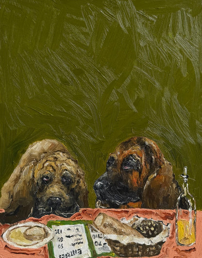 Two dogs sit behind a table adorned with a green menu, a plate of food, complimentary bread, a bottle, and a dish of olives on a red tablecloth, all set against an olive green textured backdrop in “Complimentary Bread,” an original oil painting by Leah Boyd. This charming canvas art captures the whimsical scene with expressive detail and is offered as signed artwork.