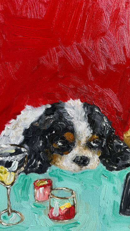 Yappy Hour“ by Leah Boyd is an evocative canvas art piece featuring a black, white, and brown dog resting its head on a teal table with cocktails in front, set against a bold red background—perfect for any collection.