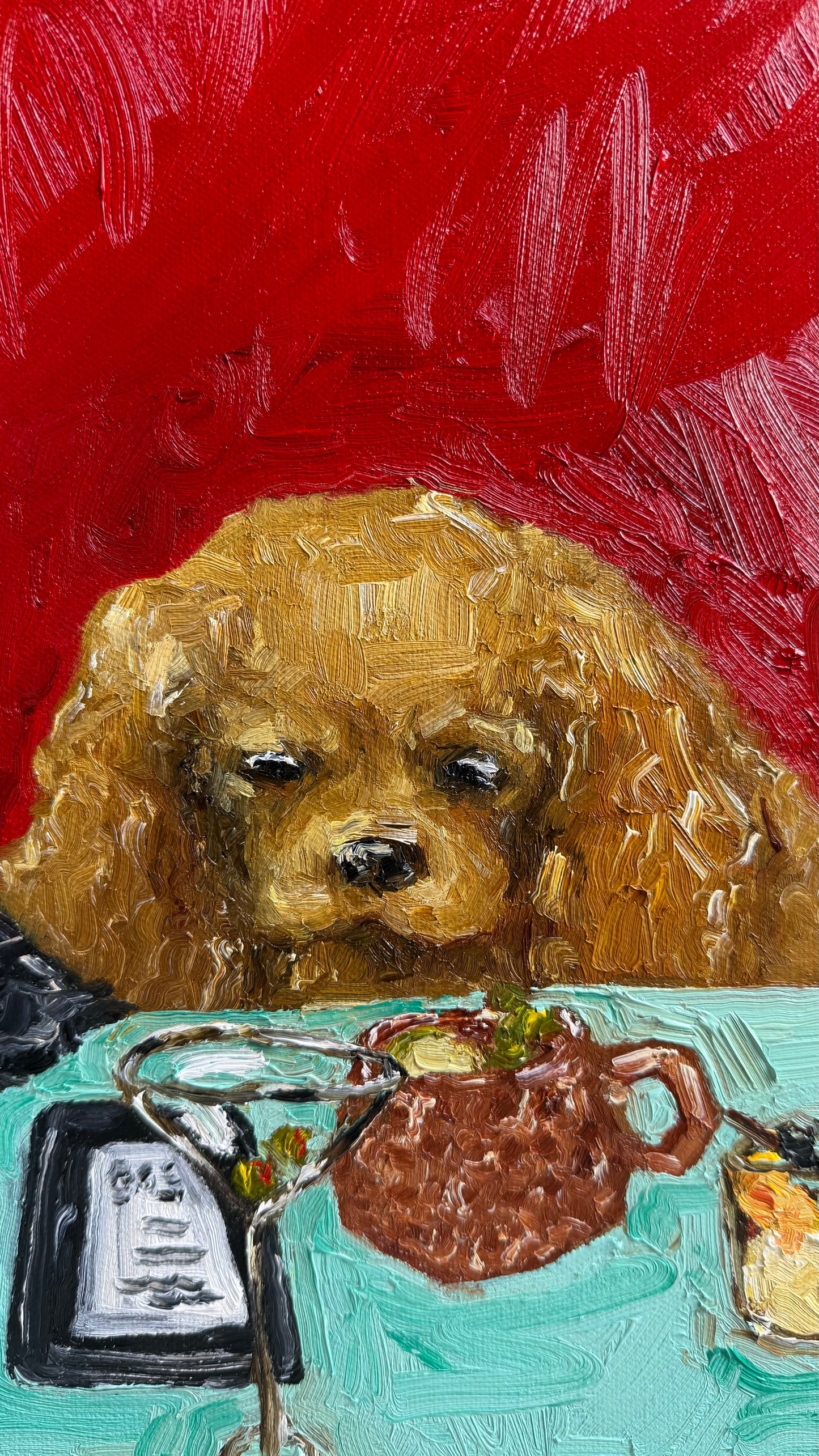 Yappy Hour“ by Leah Boyd is a charming original oil painting depicting a brown, curly-haired dog sitting at a table against a vivid red background, intently gazing at drinks and a receipt. This signed artwork radiates playful character and warmth, making it a delightful addition to any canvas art collection.