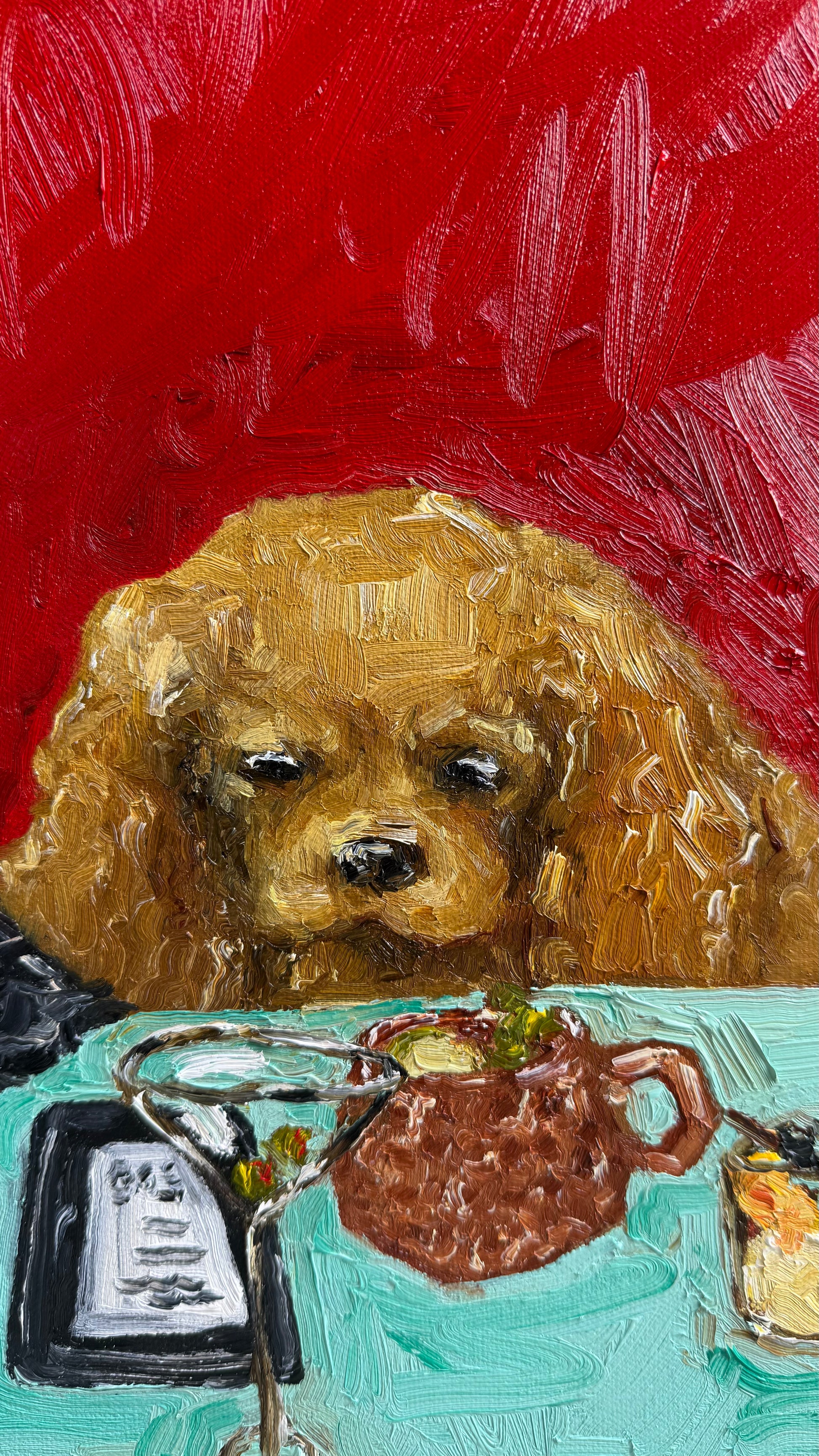 Yappy Hour“ by Leah Boyd is a charming original oil painting depicting a brown, curly-haired dog sitting at a table against a vivid red background, intently gazing at drinks and a receipt. This signed artwork radiates playful character and warmth, making it a delightful addition to any canvas art collection.