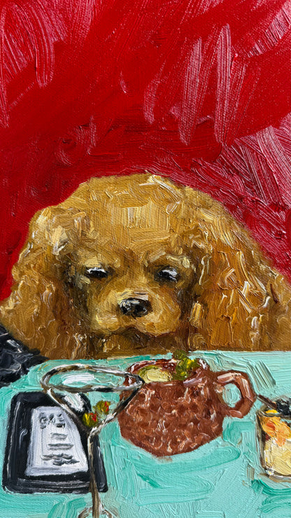 Yappy Hour“ by Leah Boyd is a charming original oil painting depicting a brown, curly-haired dog sitting at a table against a vivid red background, intently gazing at drinks and a receipt. This signed artwork radiates playful character and warmth, making it a delightful addition to any canvas art collection.