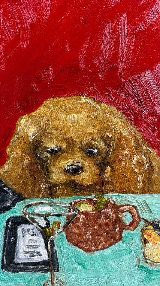 Yappy Hour“ by Leah Boyd is a charming original oil painting depicting a brown, curly-haired dog sitting at a table against a vivid red background, intently gazing at drinks and a receipt. This signed artwork radiates playful character and warmth, making it a delightful addition to any canvas art collection.